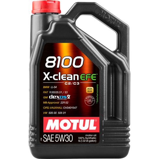 Motul 5L Synthetic Engine Oil 8100 X-Clean 5W30 container, high-performance motor oil for vehicle engines.