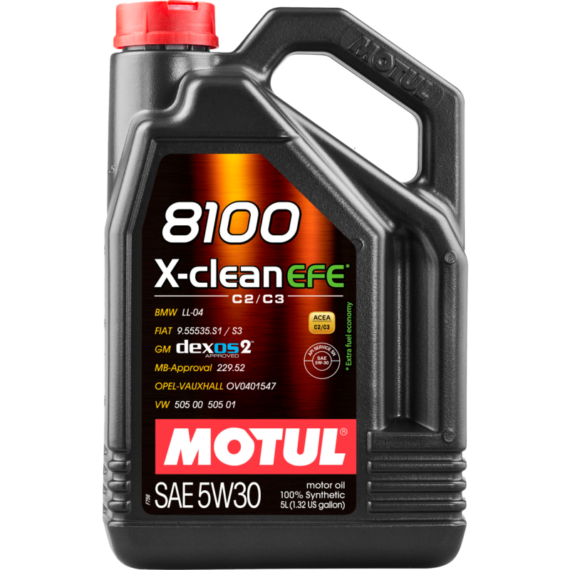 Motul 5L Synthetic Engine Oil 8100 X-Clean 5W30 container, high-performance motor oil for vehicle engines.