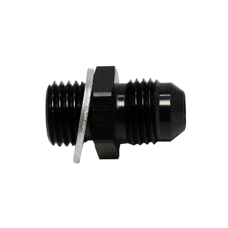DeatschWerks 6AN male flare to M14 x 1.5 male metric fitting with washer, anodized matte black, for automotive fluid connections.