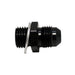 DeatschWerks 6AN male flare to M14 x 1.5 male metric fitting with washer, anodized matte black, for automotive fluid connections.