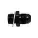 DeatschWerks 6AN male flare to M14 x 1.5 male metric fitting with washer, anodized matte black, for automotive fluid connections.