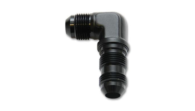 Vibrant black anodized -4AN bulkhead 90-degree elbow fitting for automotive or plumbing applications, showing the fitting's shape and finish.
