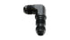 Vibrant black anodized -4AN bulkhead 90-degree elbow fitting for automotive or plumbing applications, showing the fitting's shape and finish.