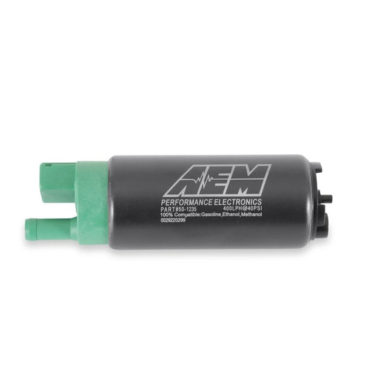 AEM 400 LPH E85 compatible fuel pump kit with single barb connection, designed for ethanol fuel systems.