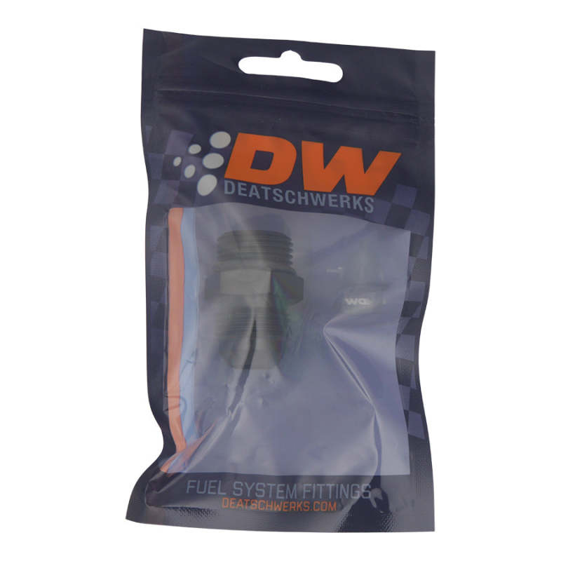 DeatschWerks 10AN ORB male to 10AN male flare adapter fitting with matte black anodized finish and included O-ring.