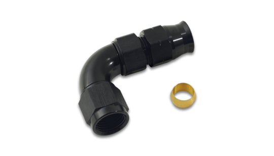 Vibrant 1/2-inch tube to -8AN female 90-degree union adapter fitting with olive inserts, used in high-performance fluid connections.