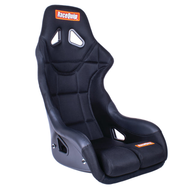 RaceQuip FIA racing seat in XL size, black race seat with side bolsters and racing harness openings, designed for motorsport safety.