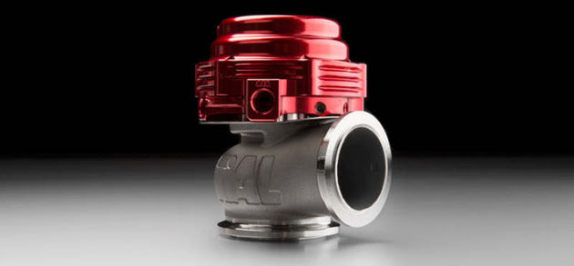 Red TiAL Sport MVS Wastegate with clamps for all springs, showcasing the high-performance automotive boost control component.