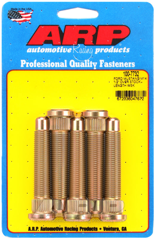 ARP Ford Mustang GT wheel stud kit with M14 1/2 inch over stock length wheel studs, shown in a close-up of the metal studs.