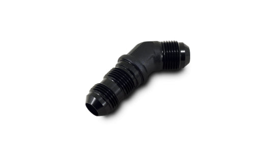 Vibrant black anodized -12AN bulkhead 45-degree elbow fitting for automotive or fluid systems, showing smooth curved design.