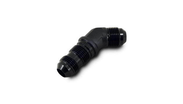 Vibrant black anodized -12AN bulkhead 45-degree elbow fitting for automotive or fluid systems, showing smooth curved design.
