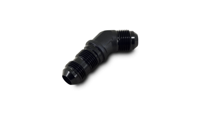 Vibrant black anodized -10AN bulkhead 45-degree elbow fitting for automotive and aerospace fluid systems.