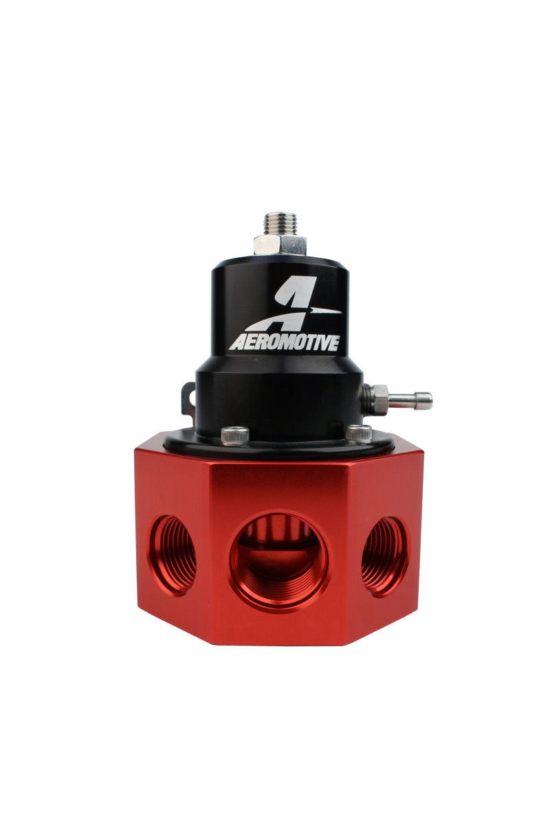 Aeromotive A2000 carbureted bypass fuel pressure regulator with 4 ports, black metal body and adjustment knob, designed for performance vehicles.