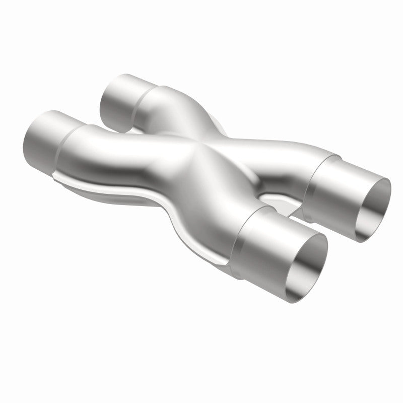 MagnaFlow Smooth Trans X 2.25-inch stainless steel X pipe for exhaust systems, showing polished metal with welded joints.