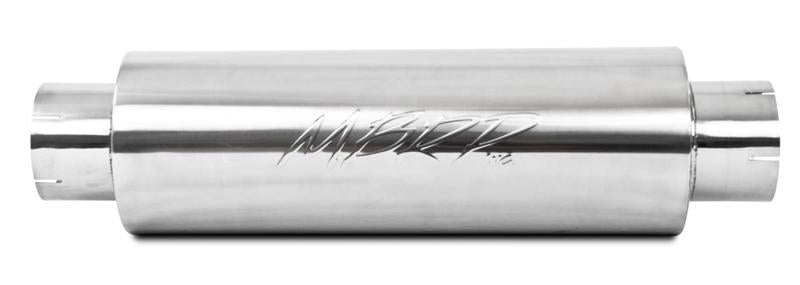 MBRP universal quiet tone muffler with 5-inch inlet and outlet, 8-inch diameter body, 31-inch overall length, black finish.