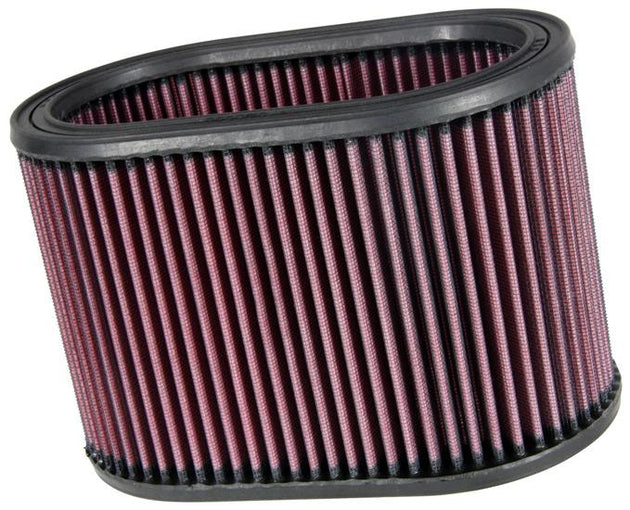 K&N Engineering oval drop-in air filter with black rubber frame and pleated filter media, 8-7/8 inches long, 5-1/4 inches wide, 6 inches high