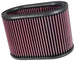 K&N Engineering oval drop-in air filter with black foam and wire mesh, measuring 8-7/8 inches long, 5-1/4 inches wide, and 6 inches high