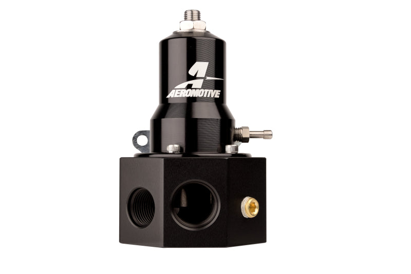 Aeromotive adjustable fuel pressure regulator with .313 valve, -3x -8 inlet, -10 return, set to 30-120 PSI for automotive use