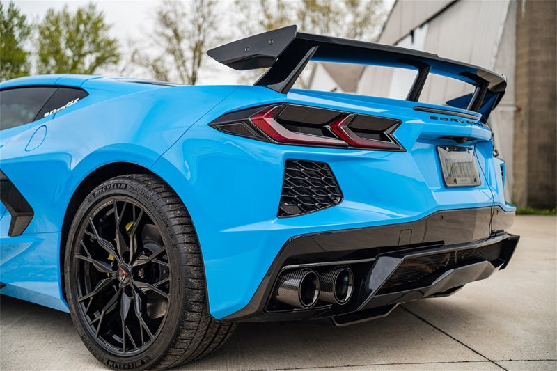 Corvette C8 RWD Corsa 20-25 catback exhaust with 3-inch valved system and 4.5-inch black carbon fiber PVD tips