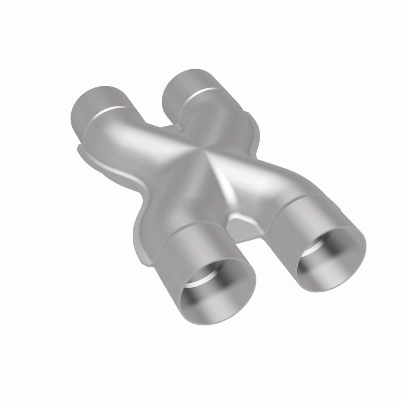 MagnaFlow Smooth Trans X 2.5-inch stainless steel X pipe for exhaust systems, shown in a close-up image.