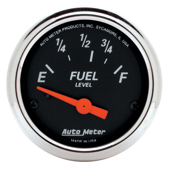 AutoMeter Designer Black Fuel Level Gauge, 2-1/16 inch electrical gauge with 90-degree sweep and 70/10 Ohms for fuel measurement.