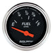 AutoMeter Designer Black Fuel Level Gauge, 2-1/16 inch electrical gauge with 90-degree sweep and 70/10 Ohms for fuel measurement.