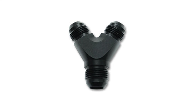 Vibrant aluminum -6AN to -4AN Y-adapter fitting showing dual -4AN outlets and a -6AN inlet for automotive fluid connections.