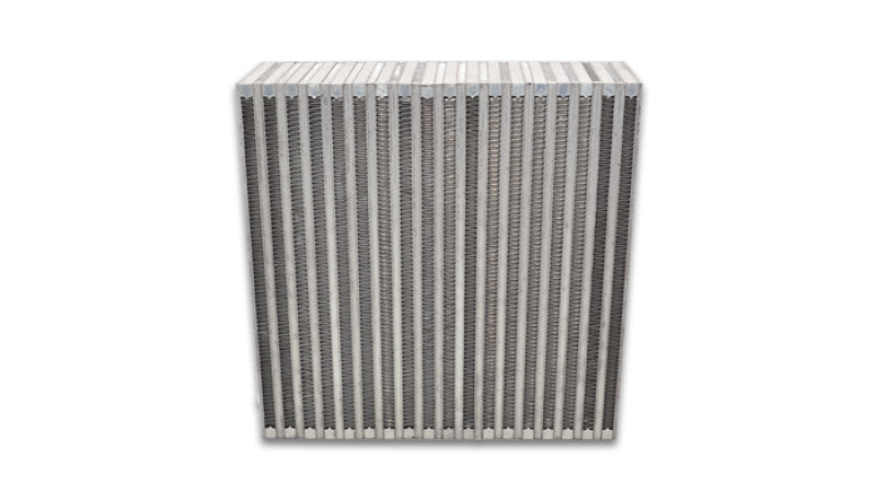 Vibrant vertical flow intercooler core with 12x12 inch dimensions and 3.5-inch thickness, featuring vibrant cooling fins.