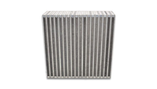 Vibrant vertical flow intercooler core with 12x12 inch dimensions and 3.5-inch thickness, featuring vibrant cooling fins.