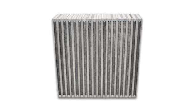 Vibrant vertical flow intercooler core with 12x12 inch dimensions and 3.5-inch thickness, featuring vibrant cooling fins.