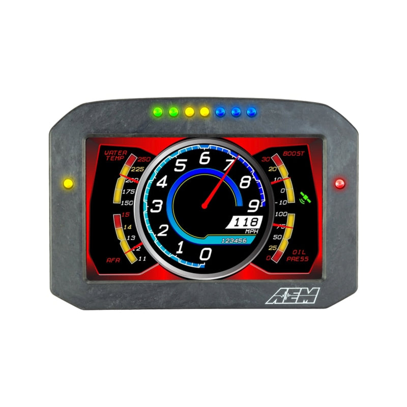 AEM CD-7G Carbon Flush Digital Dash Display gauge with internal 20Hz GPS and antenna, showing a sleek black carbon finish.