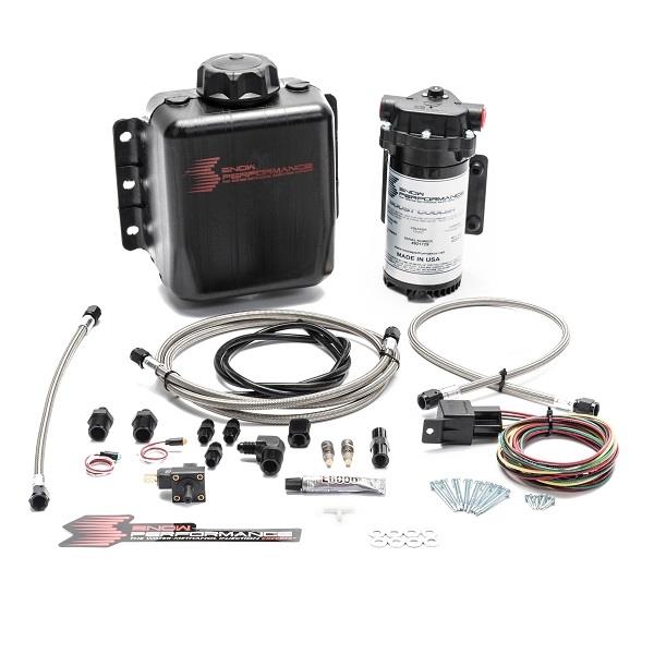Snow Performance Stage 1 Boost Cooler TD water meth kit with red high-temp tubing and quick fittings for enhanced engine cooling.