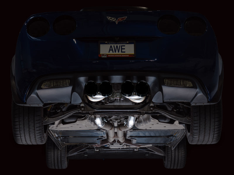 AWE Tuning C6 Chevrolet Corvette Z06/ZR1 Touring Edition axle-back exhaust with diamond black tips, shown installed on the vehicle.
