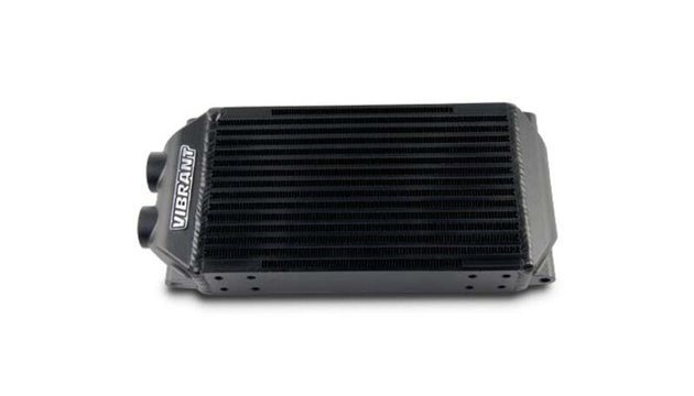 Vibrant double pass oil cooler assembly with 6x10x2 inch dimensions, featuring vibrant metal fins and fittings for efficient cooling.