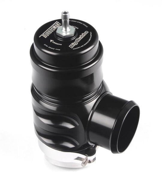 Turbosmart Universal Big Bubba BPV blow off valve with sleek black design and durable metal construction, installed on a turbocharged engine.