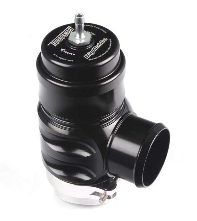 Turbosmart Universal Big Bubba BPV blow off valve with sleek black design and durable metal construction, installed on a turbocharged engine.