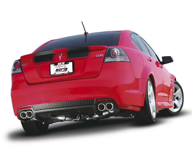 Borla catback exhaust system with X pipe for 2008-2009 Pontiac G8 GT 6.0L V8, featuring polished stainless steel pipes and mufflers.