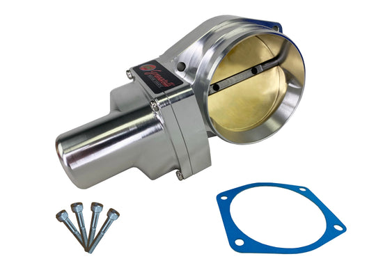 Granatelli Motor Sports 103mm drive-by-wire throttle body for GM LS3/LSA/LSX engines, natural finish, visible mounting and wiring connections.