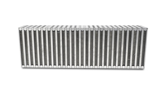 Vibrant vertical flow intercooler core with 24-inch width, 8-inch height, and 3.5-inch thickness for high-performance cooling.