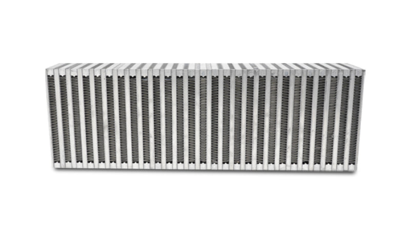 Vibrant vertical flow intercooler core with 24-inch width, 8-inch height, and 3.5-inch thickness for high-performance cooling.