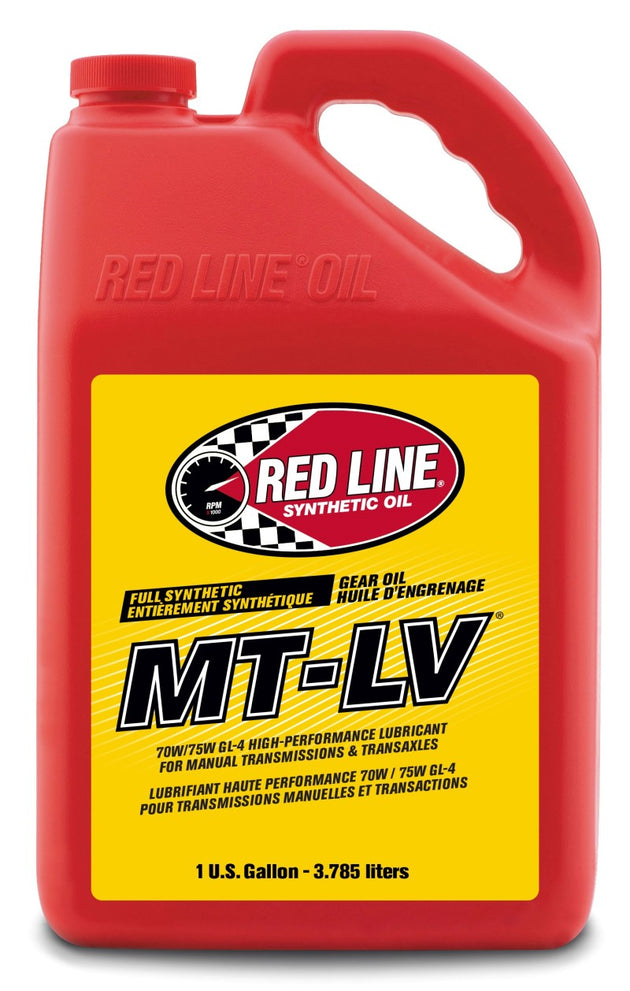 Red Line MTLV 70W75 GL-4 gear oil gallon jug, showcasing the red container and labeling for automotive gear lubrication.