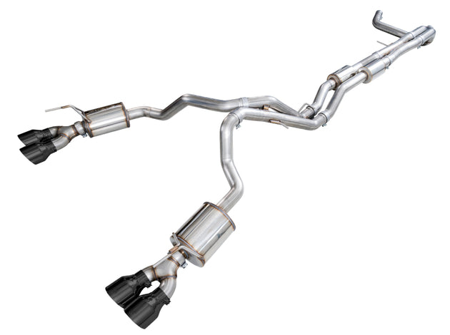 AWE Tuning catback dual exit exhaust system with 5-inch diamond black tips on a 2021+ Cadillac Escalade 6.2L engine.