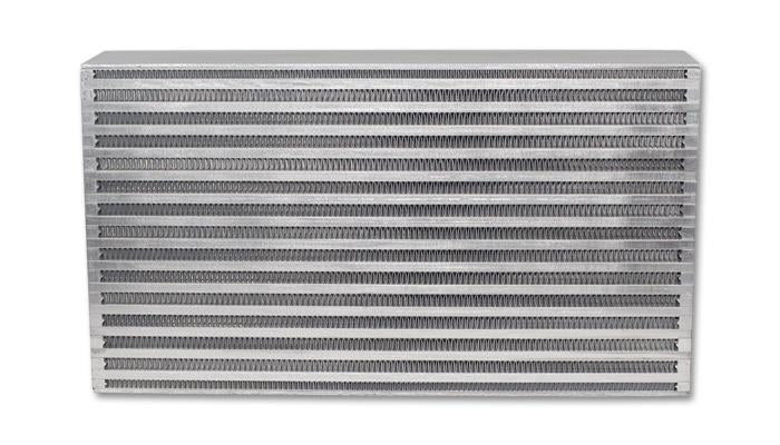 Vibrant intercooler core measuring 18x12x6 inches, with bright fins and metal end tanks for high-performance turbocharged engines.