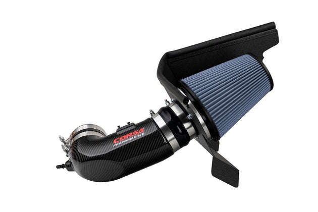 Chevrolet Camaro ZL1 2017-2023 cold air intake by CORSA Performance with carbon fiber construction and MaxFlow 5 oil filtration system.