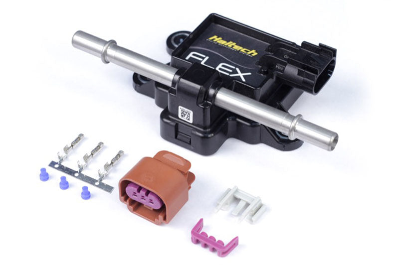 Haltech Flex Fuel Composition Sensor fitting for 3/8 GM Spring Lock fittings with plug and pins, used in fuel systems.