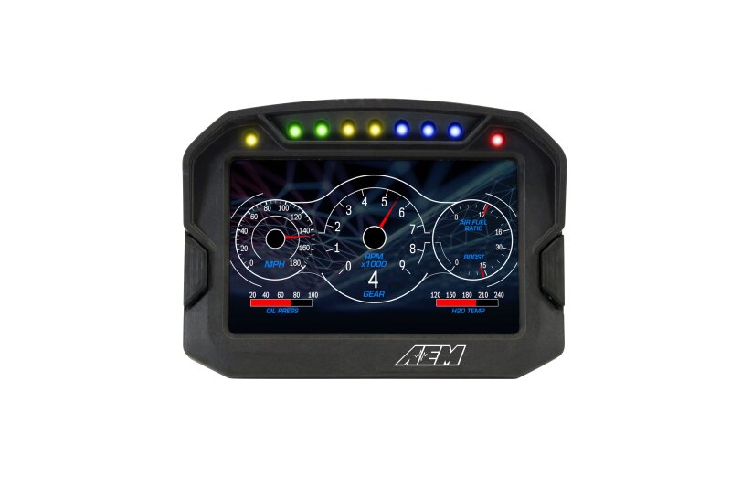 AEM CD-5LG carbon digital dash display gauge with internal 10Hz GPS and antenna, showing detailed digital readouts.