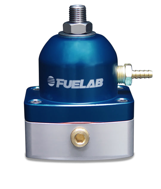 Fuelab 515 EFI adjustable fuel pressure regulator with blue finish, 25-90 PSI, featuring -6AN inlet and return fittings.