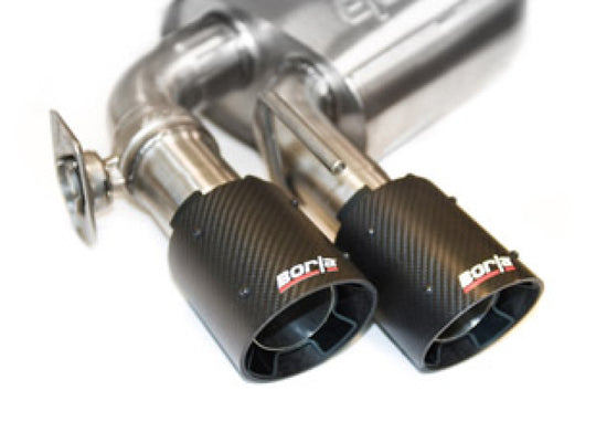Borla catback exhaust system with dual mode valves for 2017-2018 Chevrolet Camaro ZL1 6.2L V8, black anodized carbon fiber finish.
