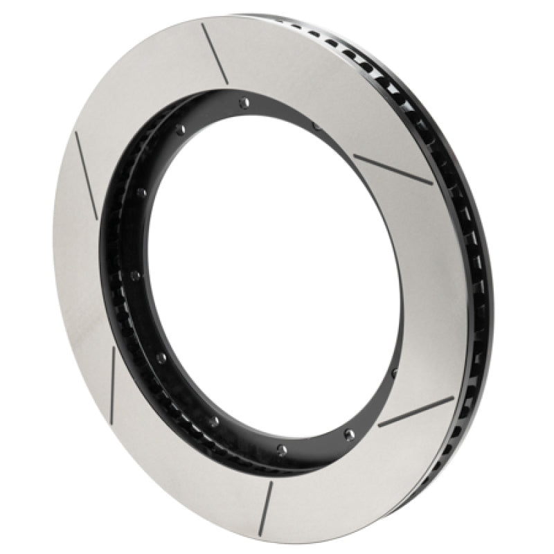 Wilwood 12x10.25 inch 72 Stagg Vane GT slotted performance brake rotor, 2-piece design, shown on vehicle wheel assembly