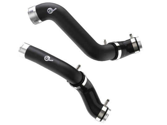 aFe BladeRunner black intercooler hot and cold side tubes for 2019-2020 GM Sierra 1500 with 2.7L engine, showing tubing and intercooler components